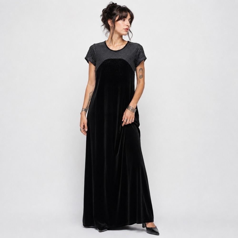 Vintage 90s Velvet Maxi Dress Womens 10 Black Whimsigoth Regency Witchy Romantic